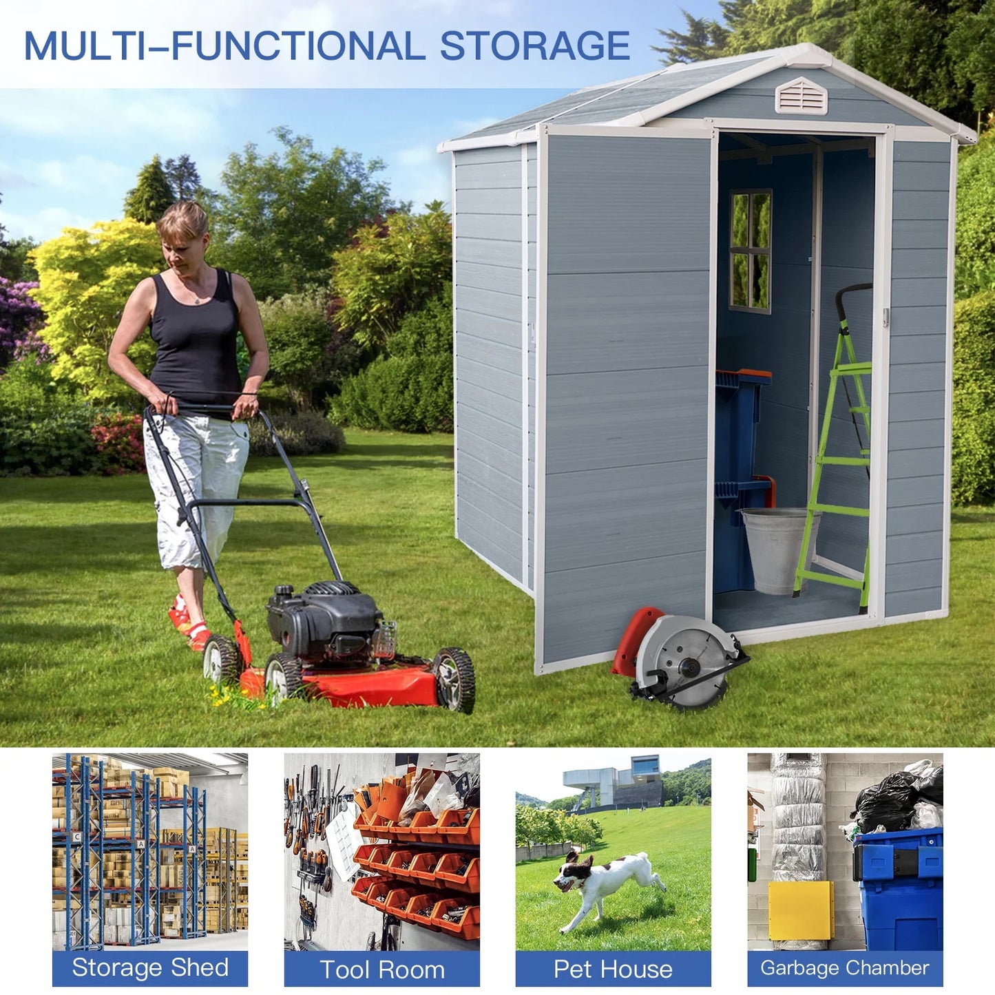 Seizeen Shed and Outdoor Storage, 41 Cu.Ft Small Outdoor Resin Shed with 3 Doors & Floor, 306GAL Deck Box Waterproof Plastic Tool Storage Shed for Cushion Lawn Mower Garbage Cans