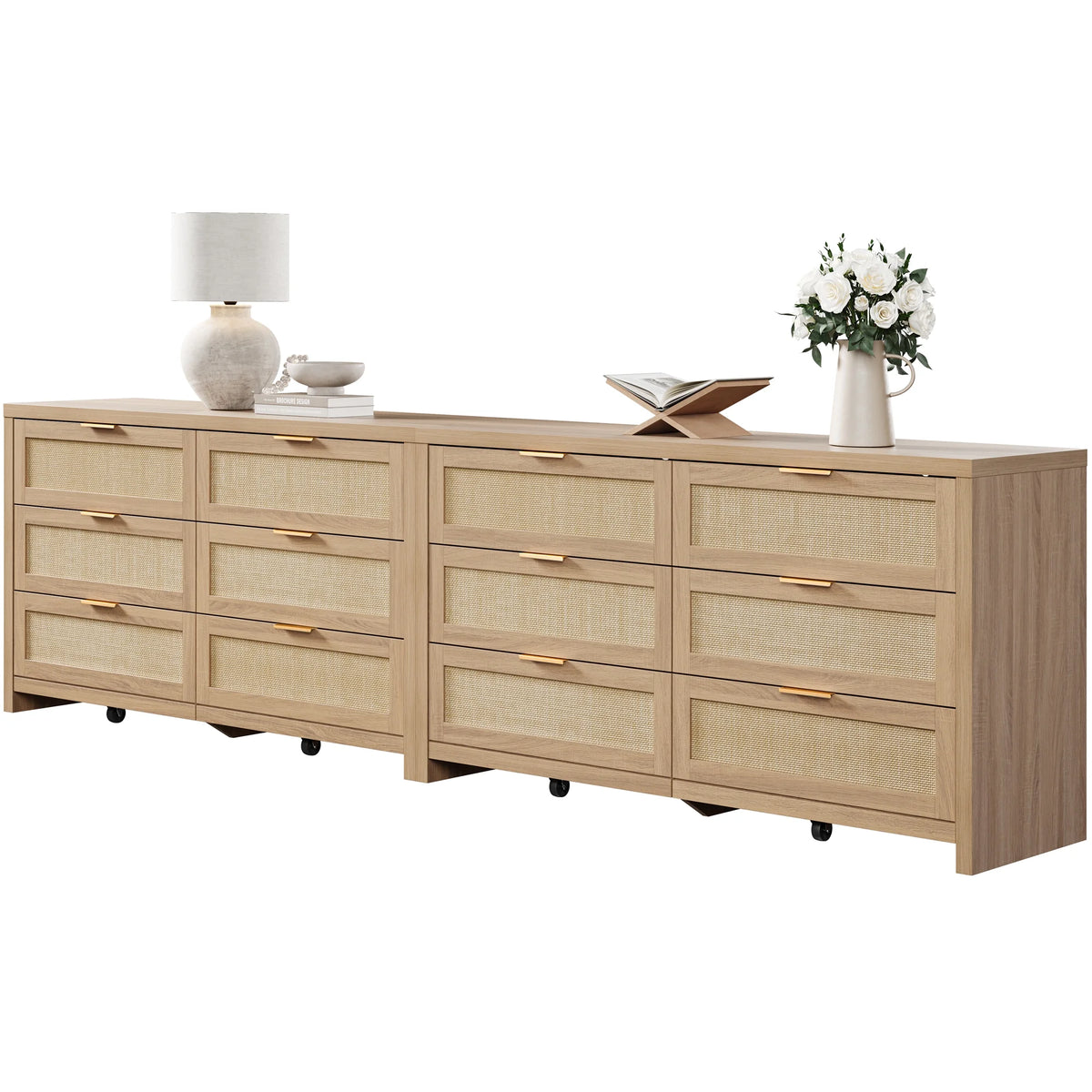 SICOTAS 56.85" 6 Drawer Dresser,Rattan Dresser with Storage,Boho Dressers & Chests of Drawers Wooden Tall  Dresser for Bedroom