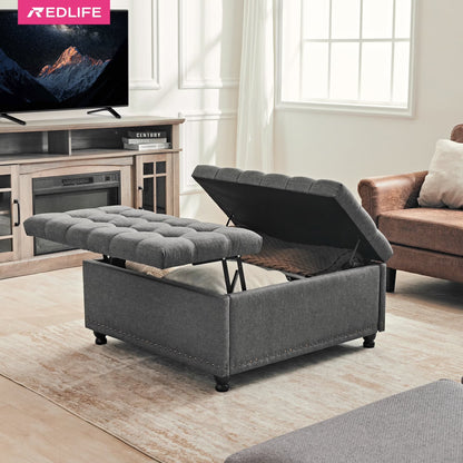 Redlife 35 Inch Large Square Storage Ottoman Bench, Storage Ottoman Coffee Table Large Square Ottoman with Storage Lift Top Tufted Storage Ottoman for Living Room (Brown Leathaire)