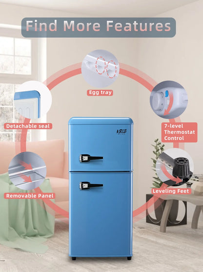 Krib B Compact Refrigerator 3.5 Cu.ft, Mini Fridge with Freezer, Modern Fridge with Dual Door, 7 Grade Temperature Adjustment, Silver