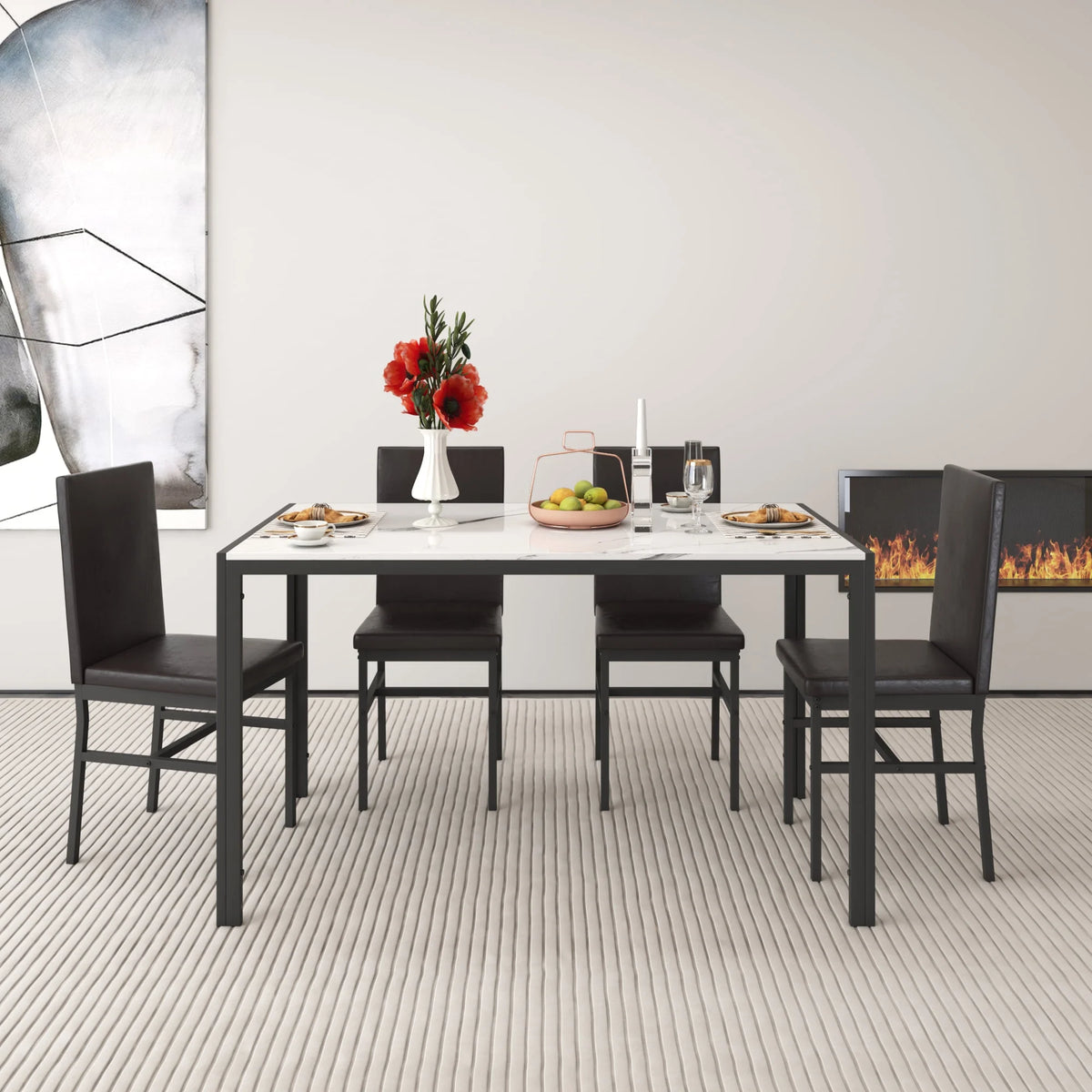 5 Piece Dining Set, Modern Dining Table and Chairs Set for 4, Counter Height Bar Table Set, Modern Pub Table with 4 Velvet Fabric Cushioned Stools, Faux Marble Dining Table & Stools Set, D9297