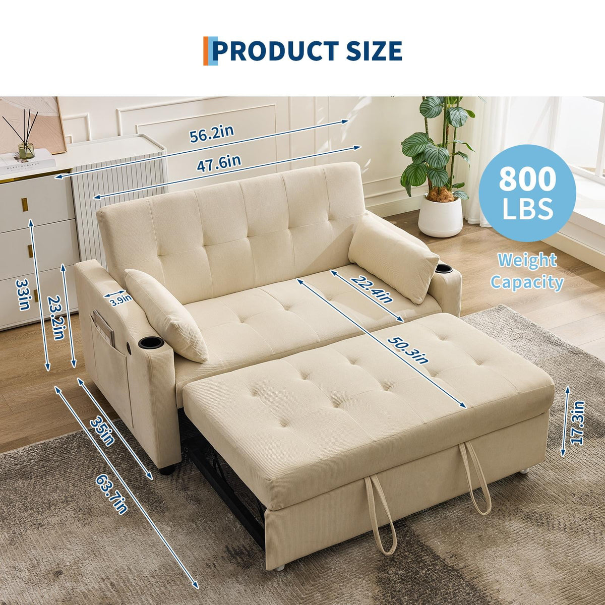 Beige 3-in-1 Convertible Sleeper Sofa Bed with Pull-Out Bed Corduroy Futon with Adjustable Backrest