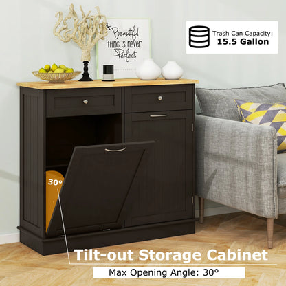 Costway 15.5 Gallon Kitchen Tilt Out Trash Cabinet Rubber Wood Tabletop 2 Drawers Shelf Gray