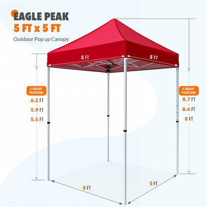 EAGLE PEAK 5x5 Pop Up Canopy Tent Instant Outdoor Canopy Easy Set-up Straight Leg Folding Shelter（Blue）