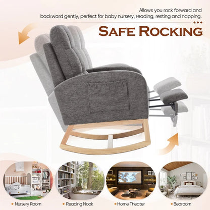 FFH Rocking Chair Nursery, Tufted Accent Rocker Chair, Upholstered Armchair with Adjustable Footrest, Side Pocket, High Backrest, Padded Seat, Polyester Blend (Retro, Dark Gray)