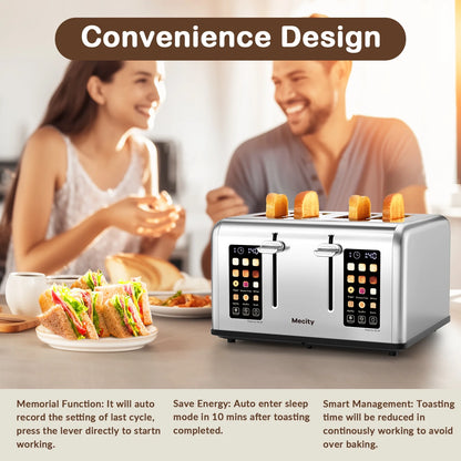 Mecity 4-Slice Touchscreen Toaster, Stainless Steel, 6 Browning Settings, Reheat, Cancel, Defrost, Removable Tray