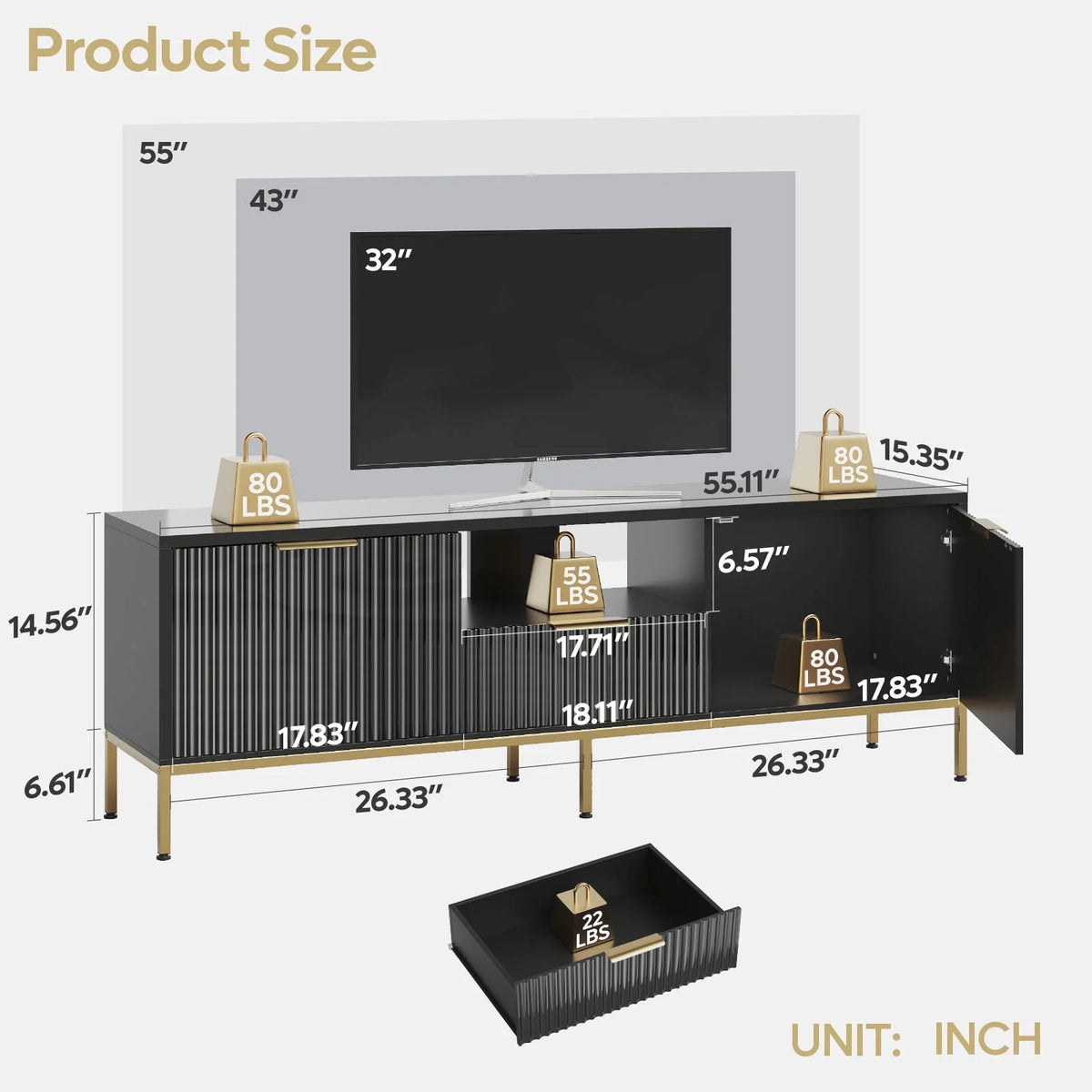 Bestier 55" LED TV Stand for TVs up to 60" Modern High Gloss Entertainment Center with Drawers Cabinets Fluted TV Console, White & Gold