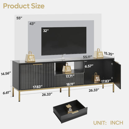 Bestier 55" LED TV Stand for TVs up to 60" Modern High Gloss Entertainment Center with Drawers Cabinets Fluted TV Console, White & Gold