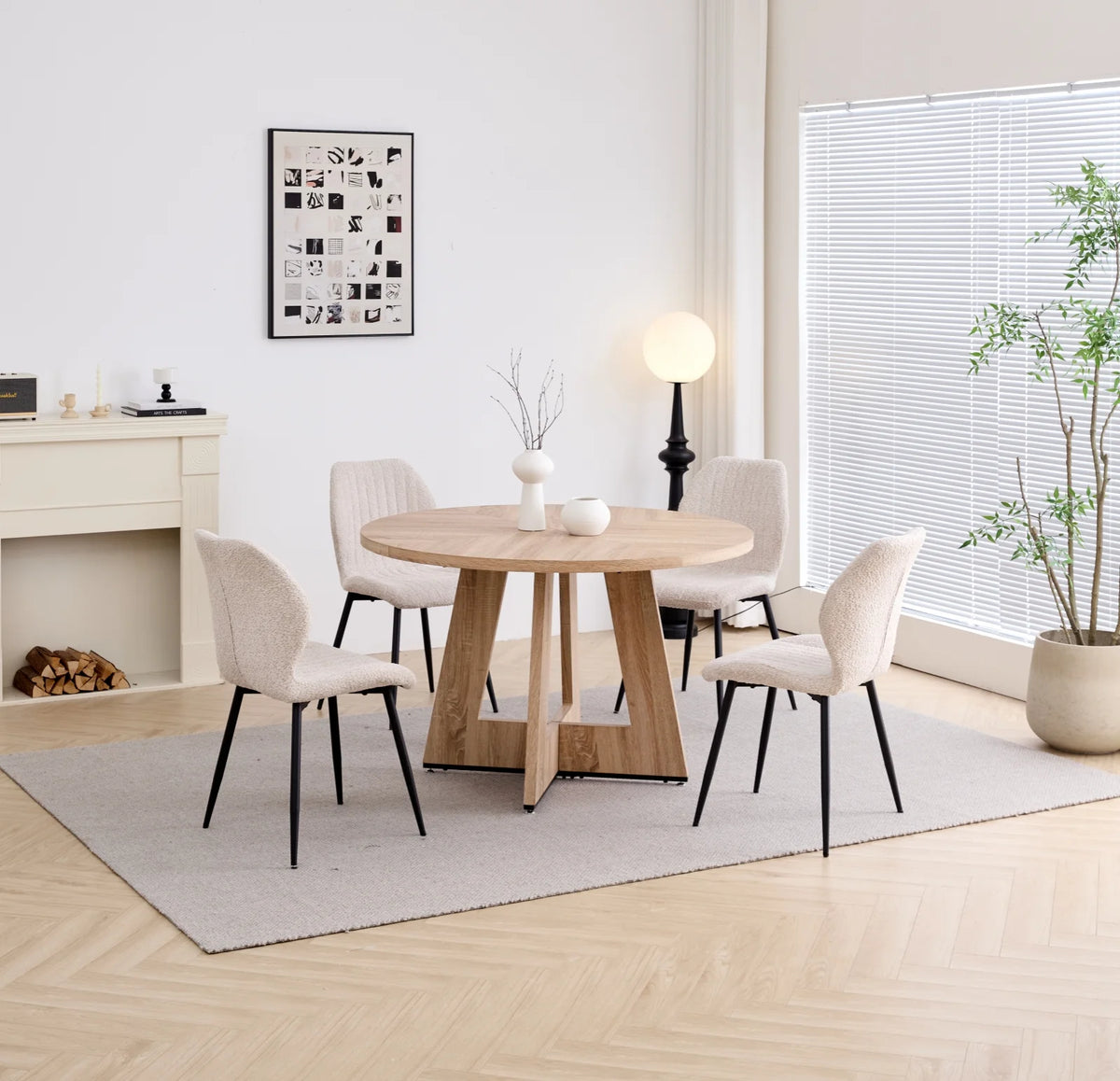 5 Piece 47'' Round Dining Table Chairs Set for 4, Farmhouse Gray Kitchen Table with 4 Boucle Mid Century Modern Dinning Room Chairs, Wood Dinner Table &Upholstered Chair Set of 4, Beige