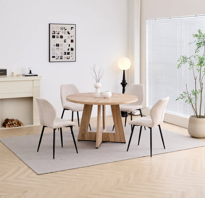 5 Piece 47'' Round Dining Table Chairs Set for 4, Farmhouse Gray Kitchen Table with 4 Boucle Mid Century Modern Dinning Room Chairs, Wood Dinner Table &Upholstered Chair Set of 4, Beige