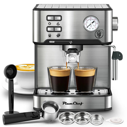 Plum Chef Espresso Coffee Machine, 20 Bar Cappuccino Latte Maker Coffee Machine with ESE POD Capsules Filter&Milk Frother, 1.6L Water Tank, for Home Barista, Stainless steel, 850W