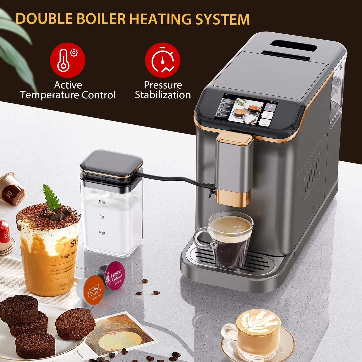 AOILE 20-Bar Dual Boiler Espresso Machine, Self-Cleaning Coffee Maker with Grinder & LCD Touch Panel