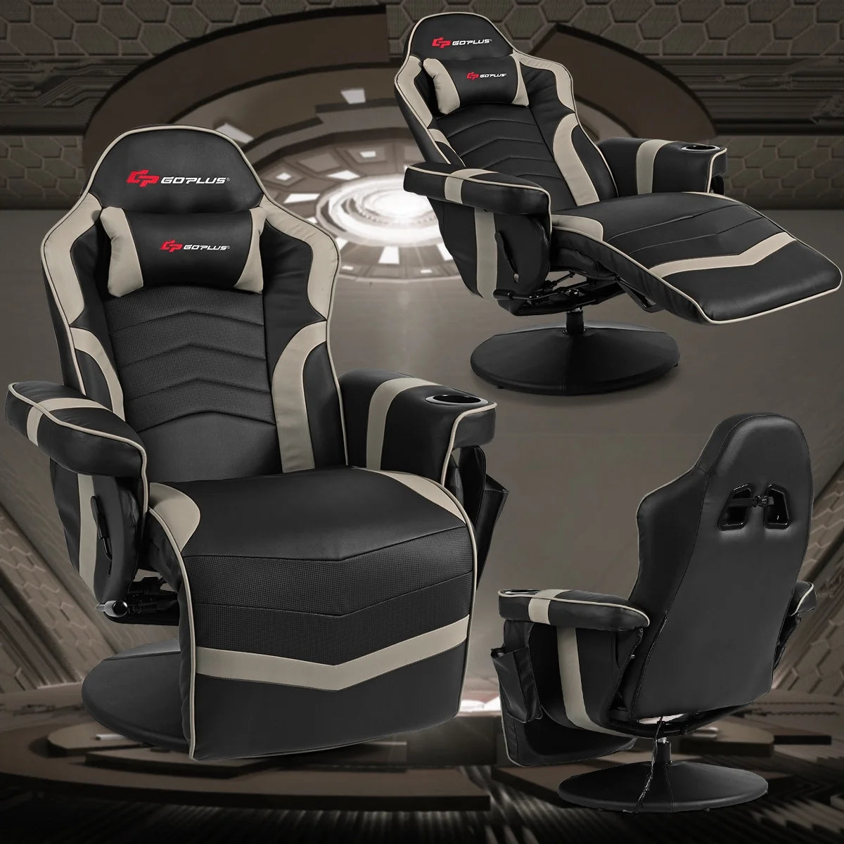 Goplus Massage Gaming Recliner Reclining Racing Chair Swivel Black