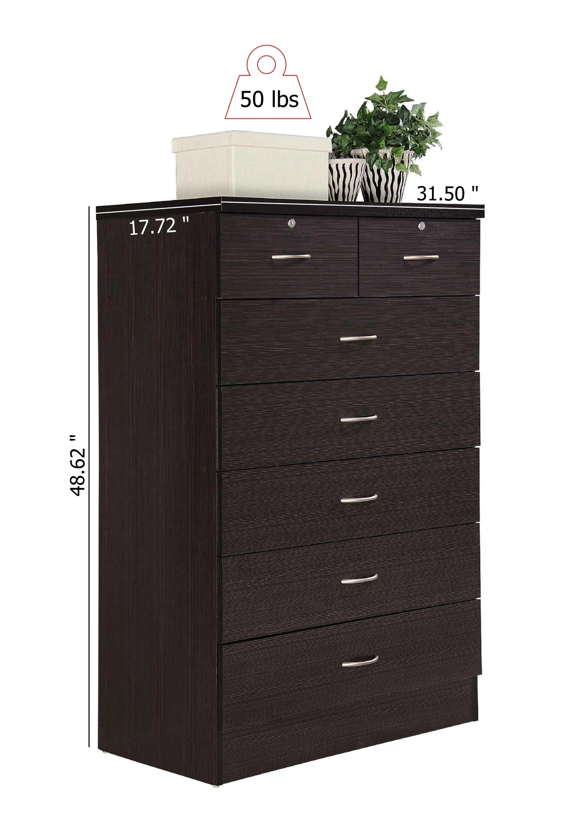 Hodedah 7 Drawer Dresser with Two Locks, Chocolate
