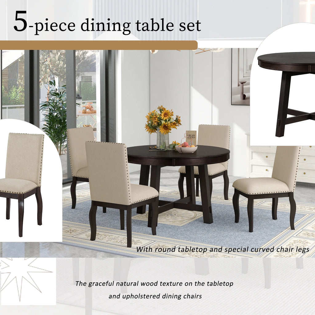 Harper & Bright Designs Round Extendable Dining Table Set for 4, 5 Piece Farmhouse Wood Dining Table Set with 4 Upholstered Dining Chairs, Natural Wood Wash