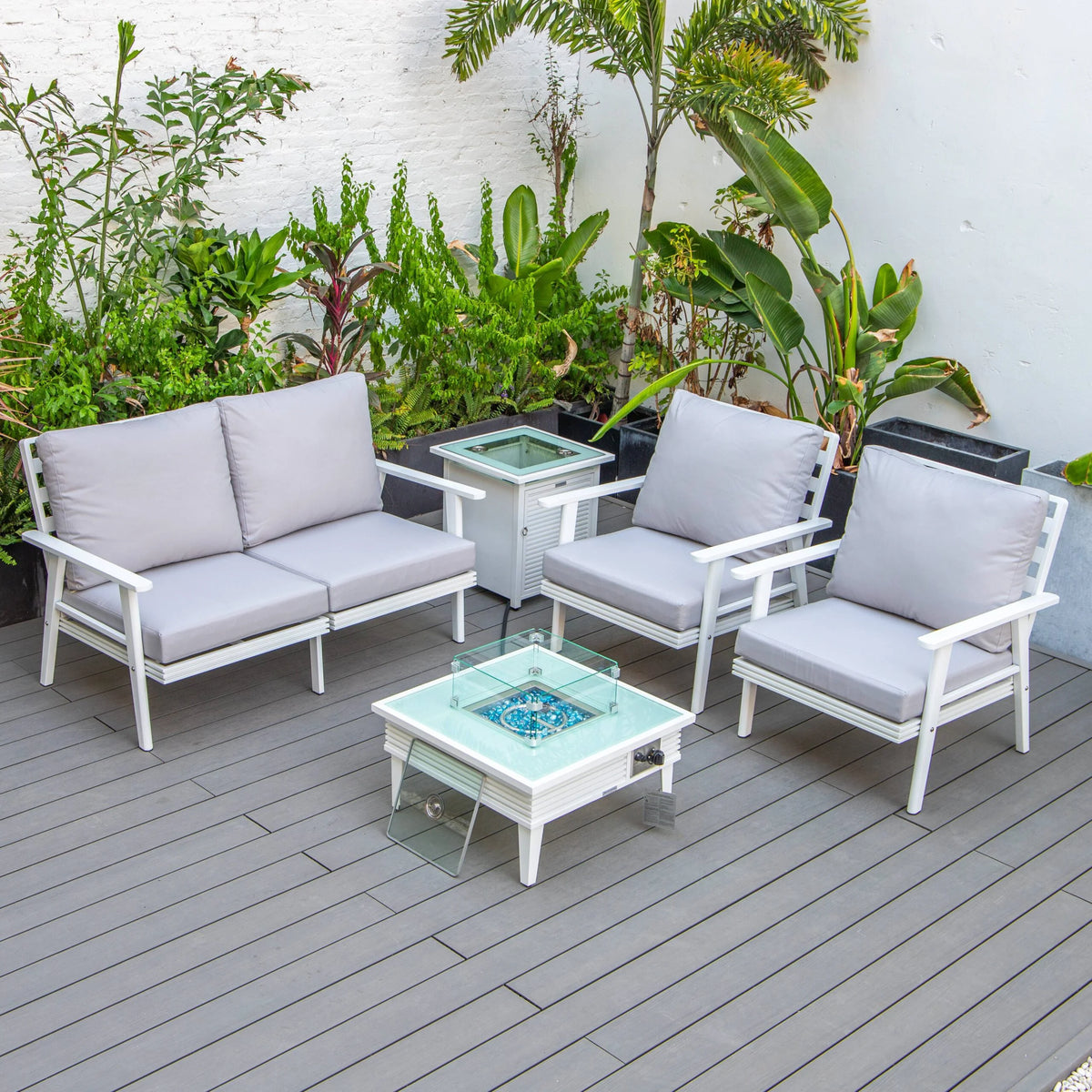 LeisureMod Walbrooke Modern Aluminum 5-Piece Patio Conversation Set with Outdoor Square Fire Pit Table with Slats Design & Side Table Tank Holder (Green)