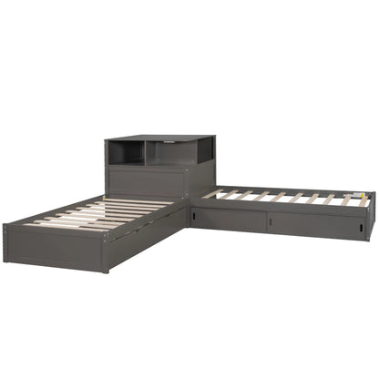 Euroco Pine Wood L-Shaped Twin Platform Bed with Storage Desk, Cabinets, Trundle and LED Light for Kids Teens, Gray