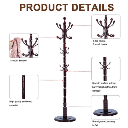 Coat Rack Freestanding, Hall Tree with 11 Hooks, Heavy Duty Wooden Coat Tree Stand, Adjustable Height, Sturdy Base for Bedroom Hallway Office - Load 270lbs