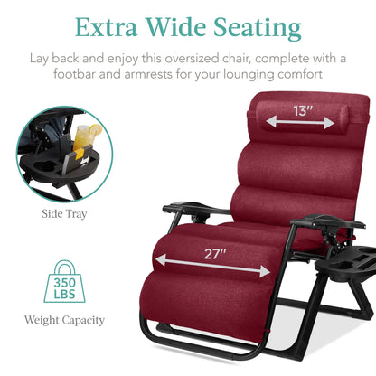 Best Choice Products Oversized Zero Gravity Chair, Folding Recliner w/ Removable Cushion, Side Tray - Fossil Gray