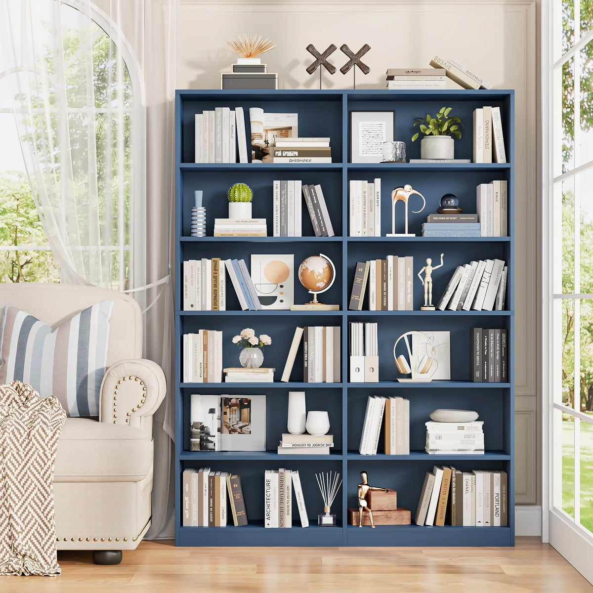 Homfa 74.3�� Double Wide 6-Tier Bookcase, Extra Large Wooden Freestanding Display Bookshelf for Home Office Living Room, White