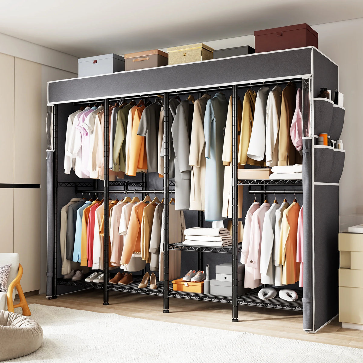 EnHomee 76"W Clothes Rack with Cover,1100LBS Heavy Duty Wardrobe Closet Organizer,Adjustable Portable Closet��Black