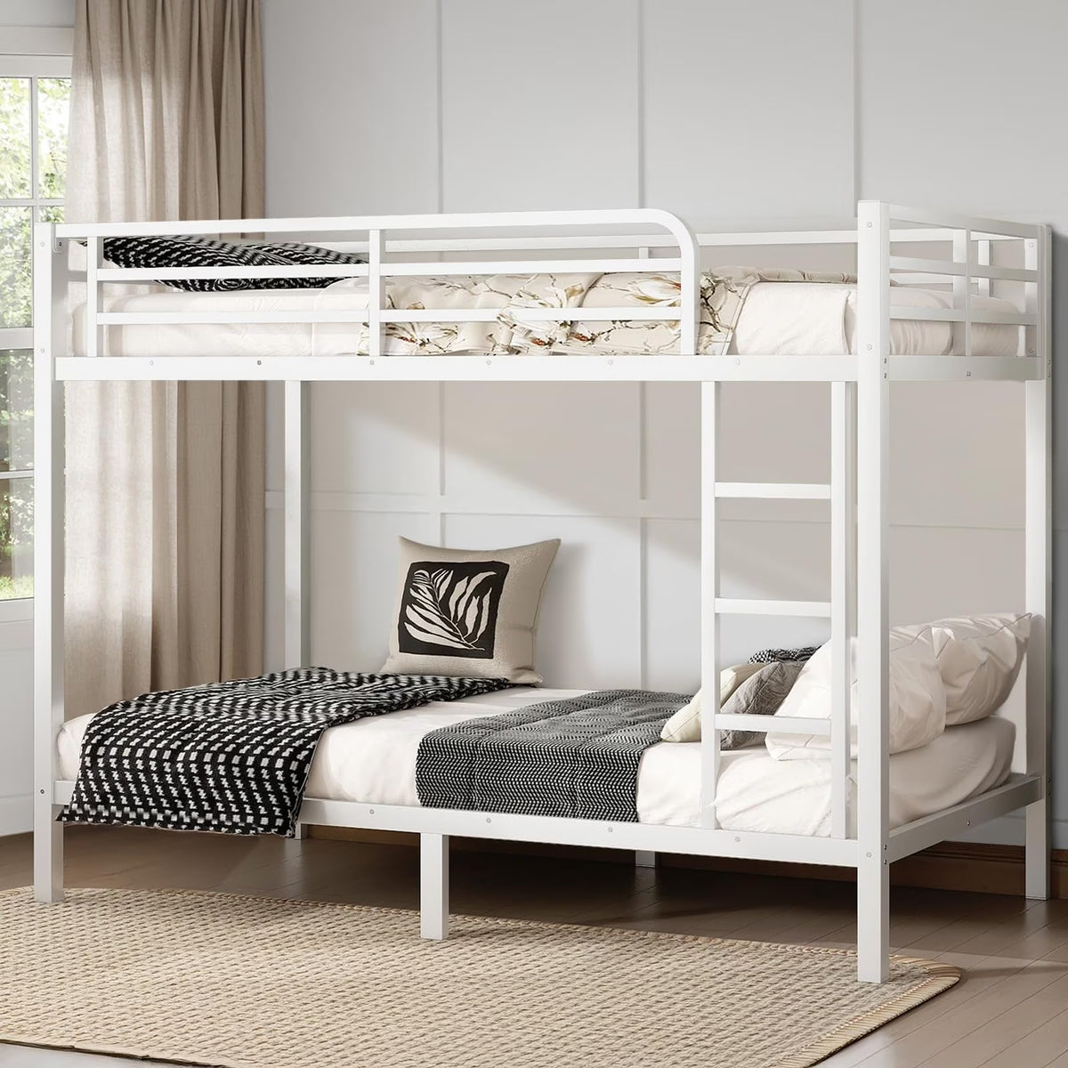 Miniyam Full over Full Metal Bunk Bed Frame with Dual Guardrails and Ladders, Heavy-Duty Quiet Design, Black