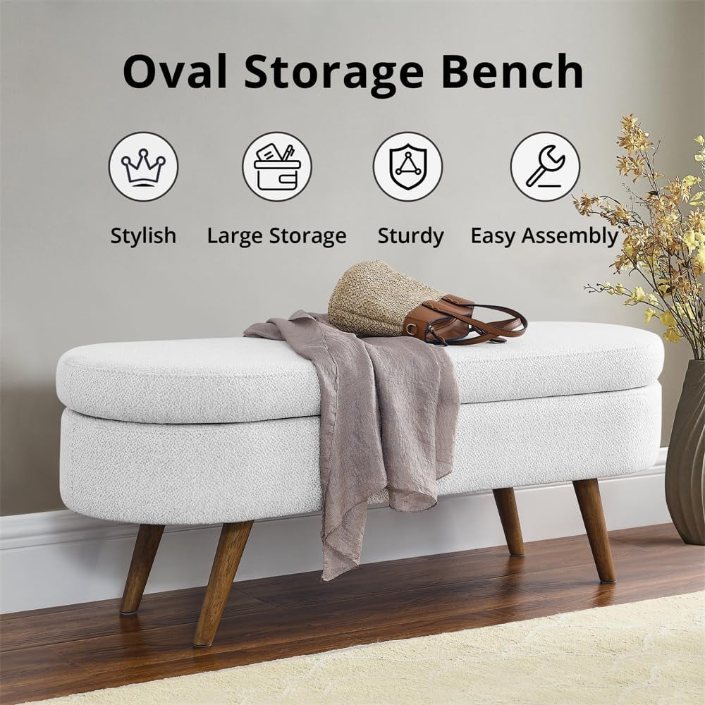Sumdeal 43.5" Storage Ottoman Bench with 250lb Seating, Linen Upholstered Wood Legs Safety Hinge Flip Top Oval Foot Rest Long Stool for Sofa Couch Bedroom End of Bed Living Room Entryway, White