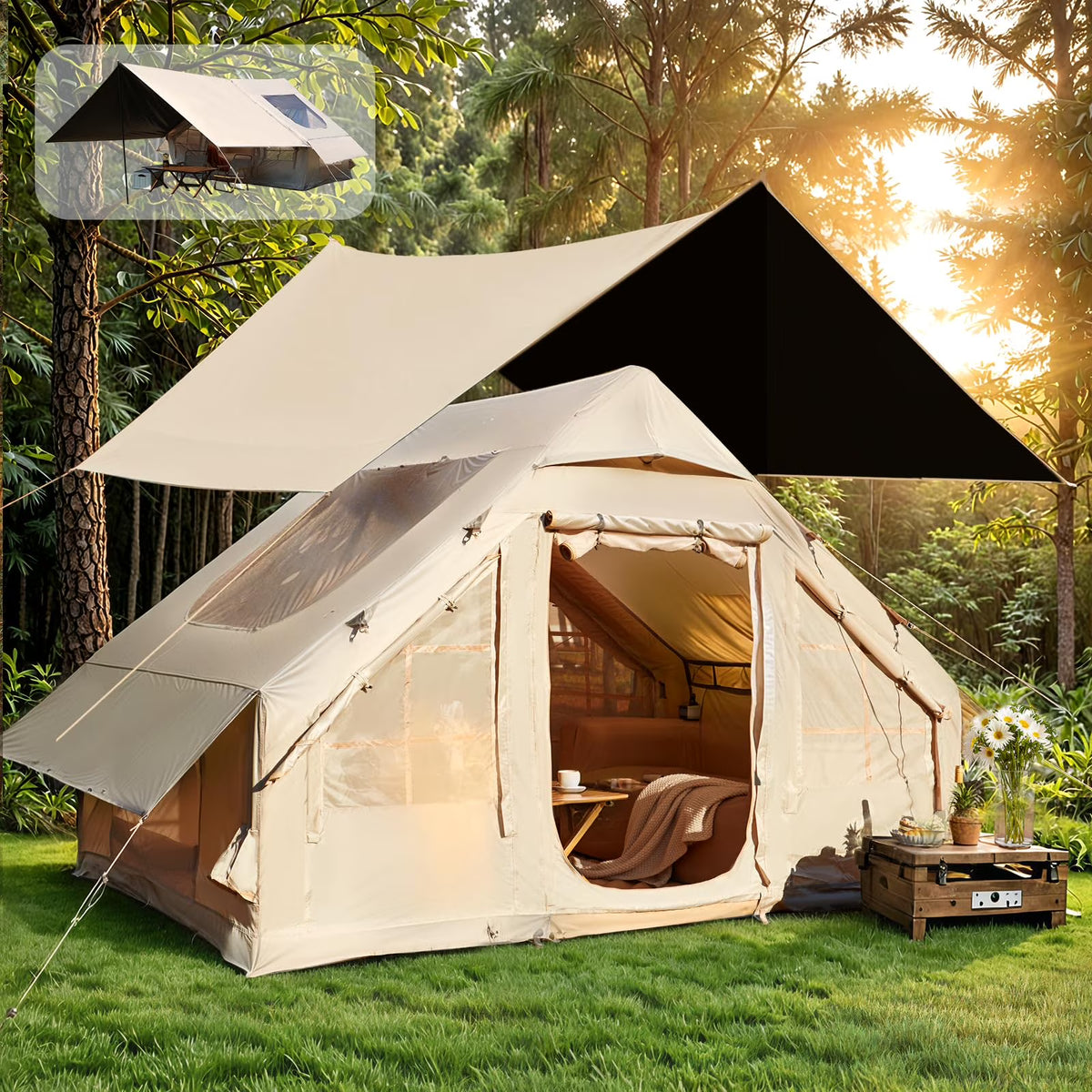 Erommy 3-4 Person Inflatable Tents for Camping with Large Rainproof Cover, Blow-Up Tent with Hand Pump, Easy Setup Tent House, Air Tent for Camping Adult,Beige
