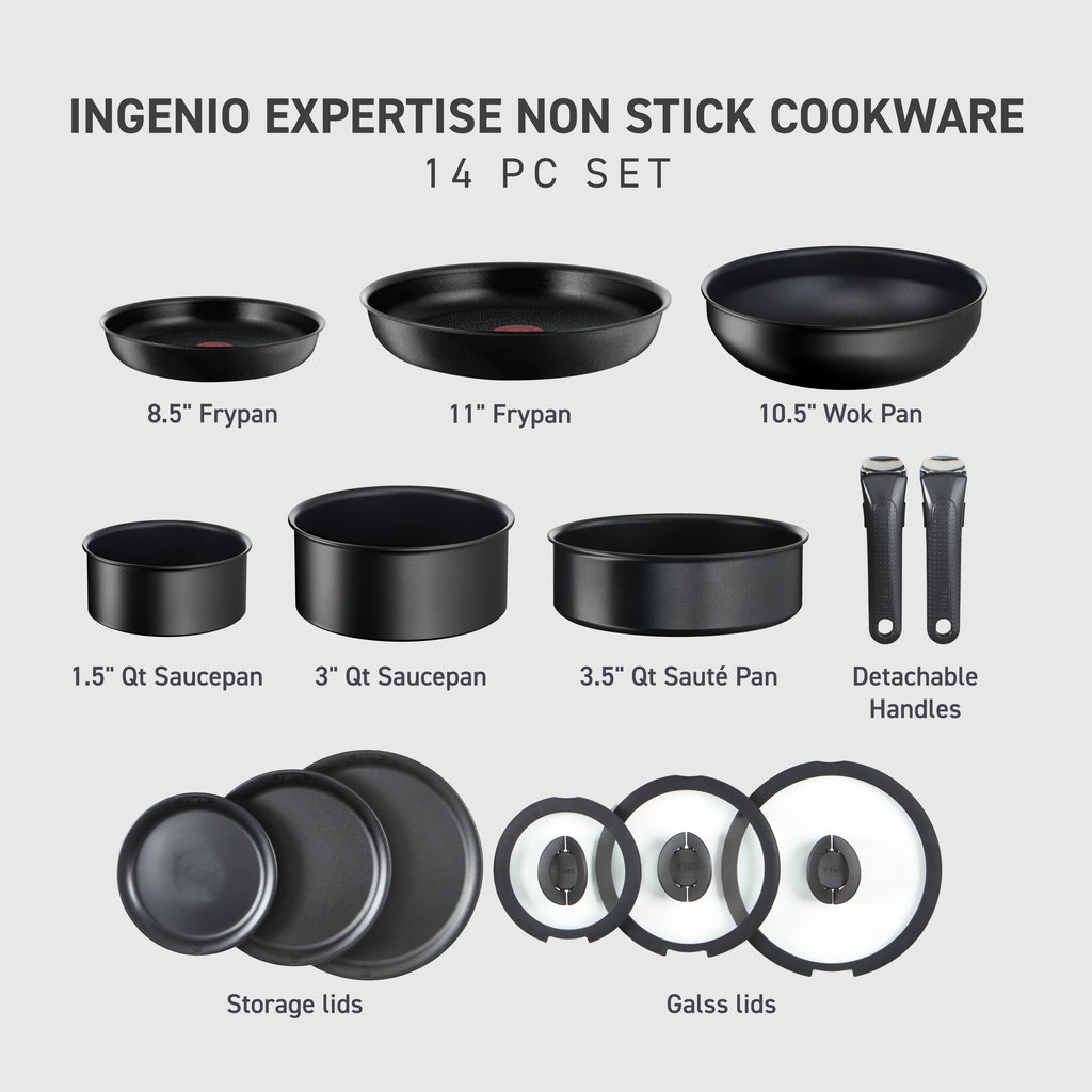 T-fal Ingenio Expertise Nonstick 14-Piece Cookware Set, Induction Oven Safe up to 500F, Detachable Handle, Onyx Black