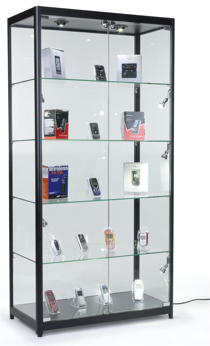Displays2go Black LED Trophy Showcase, Locking, LED Lighting, Tempered Glass, Laminated MDF & Aluminum �C Black (LESC10478B)