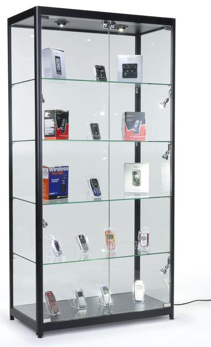 Displays2go Black LED Trophy Showcase, Locking, LED Lighting, Tempered Glass, Laminated MDF & Aluminum �C Black (LESC10478B)