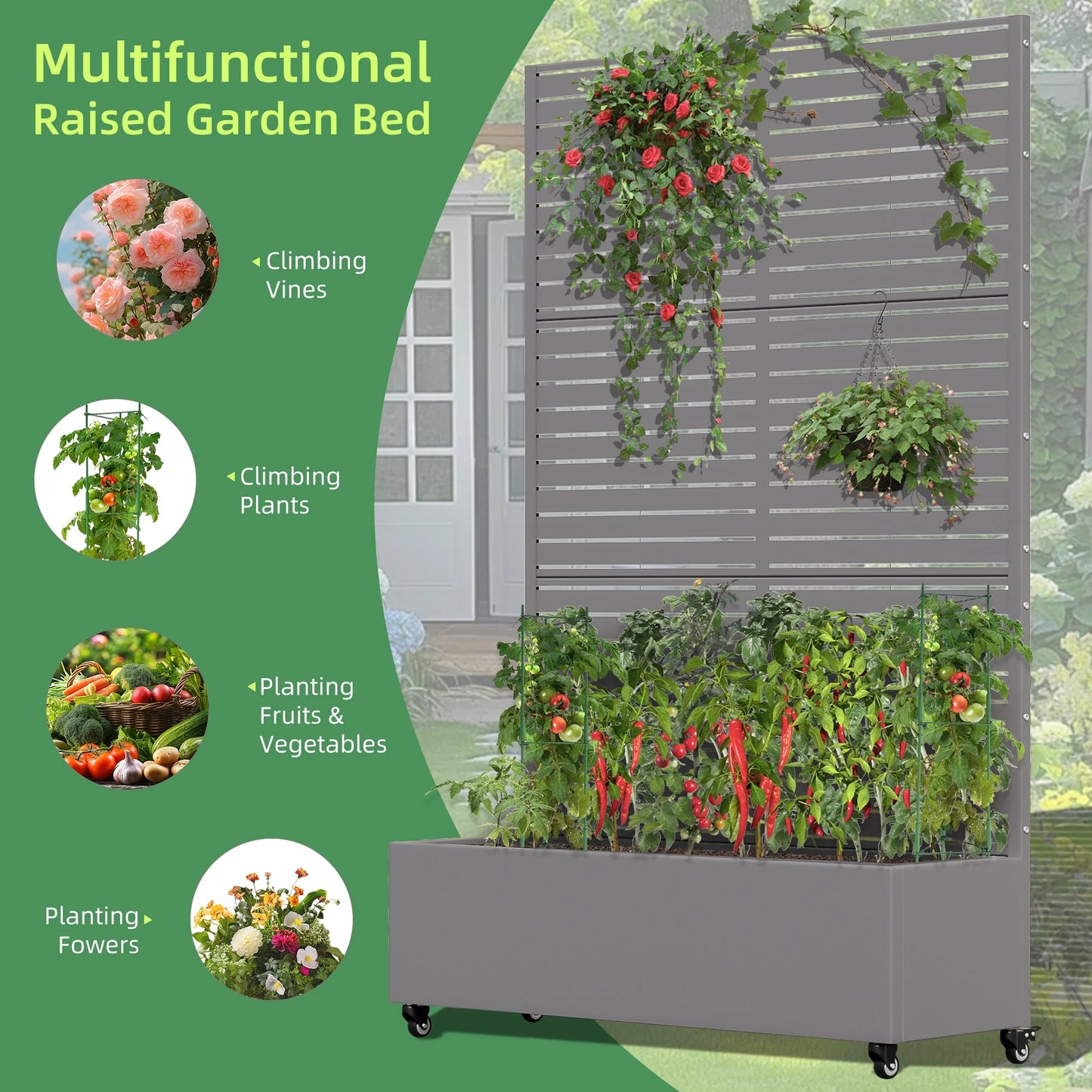 MAYEERTY 47*16*47"Outdoor White Metal Planter with Rect Louvered Climbing Trellis, Drainage hole & Wheels