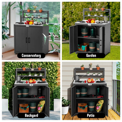 Feasto Garden Potting Bench with Storage Cabinet,Outdoor Gardening Table & Work Bench for Horticulture,Black