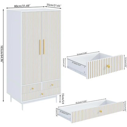 Oubayajia Wardrobe Armoire Closet, 2 Fluted Doors Wardrobe Cabinet with 3-Drawer and Hanging Rod, Wood Wardrobe Storage for Bedroom