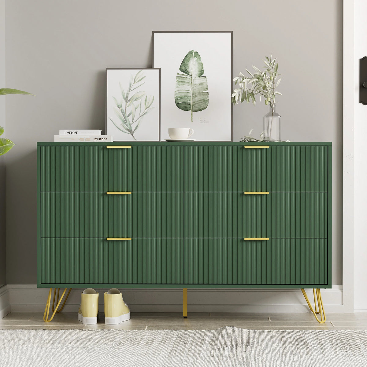 FURNIWAY White 6 Drawer Dresser for Bedroom, Modern Dresser with Gold Metal Handles,Fluted Wood TV Stand for Living Room, Hallway