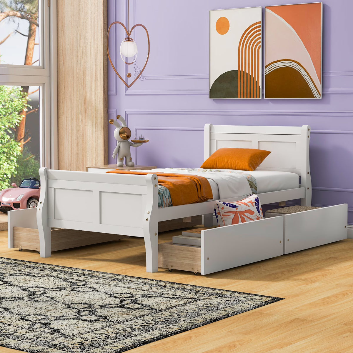 Full Size Wood Platform Bed with 4 Drawers,Storage Bed Frame with Streamlined Headboard and Footboard for Kids, Teens, Boys, Girls,Wooden Slats Support, No Box Spring Needed,Oak