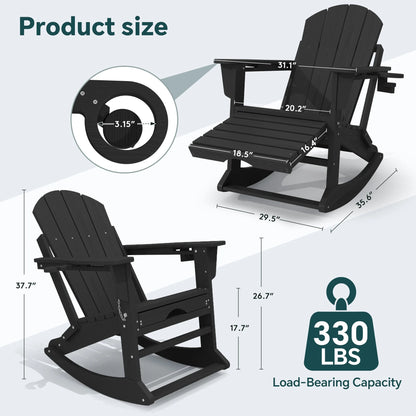 KINGYES Folding Adirondack Rocker Chair Set of 2 W/ Footrest & Dual Cup Holders, HDPE Outdoor Patio Rocking Chair, Black