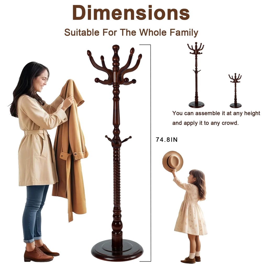 Coat Rack Freestanding, Hall Tree with 11 Hooks, Heavy Duty Wooden Coat Tree Stand, Adjustable Height, Sturdy Base for Bedroom Hallway Office - Load 270lbs