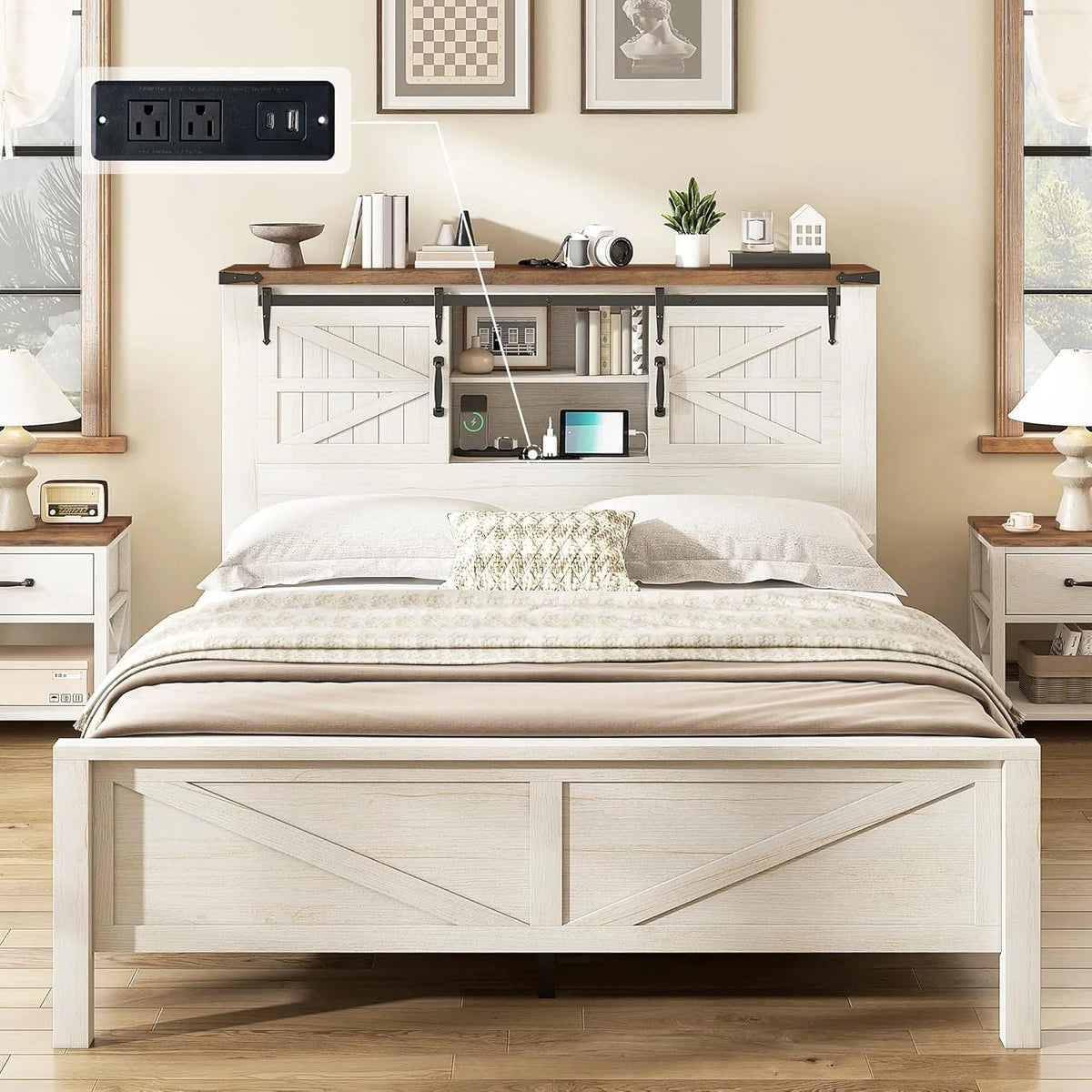 Merluxy Farmhouse Full Bed Frame with Storage Bookcase & Charging Station, Bedroom Furniture, Grey