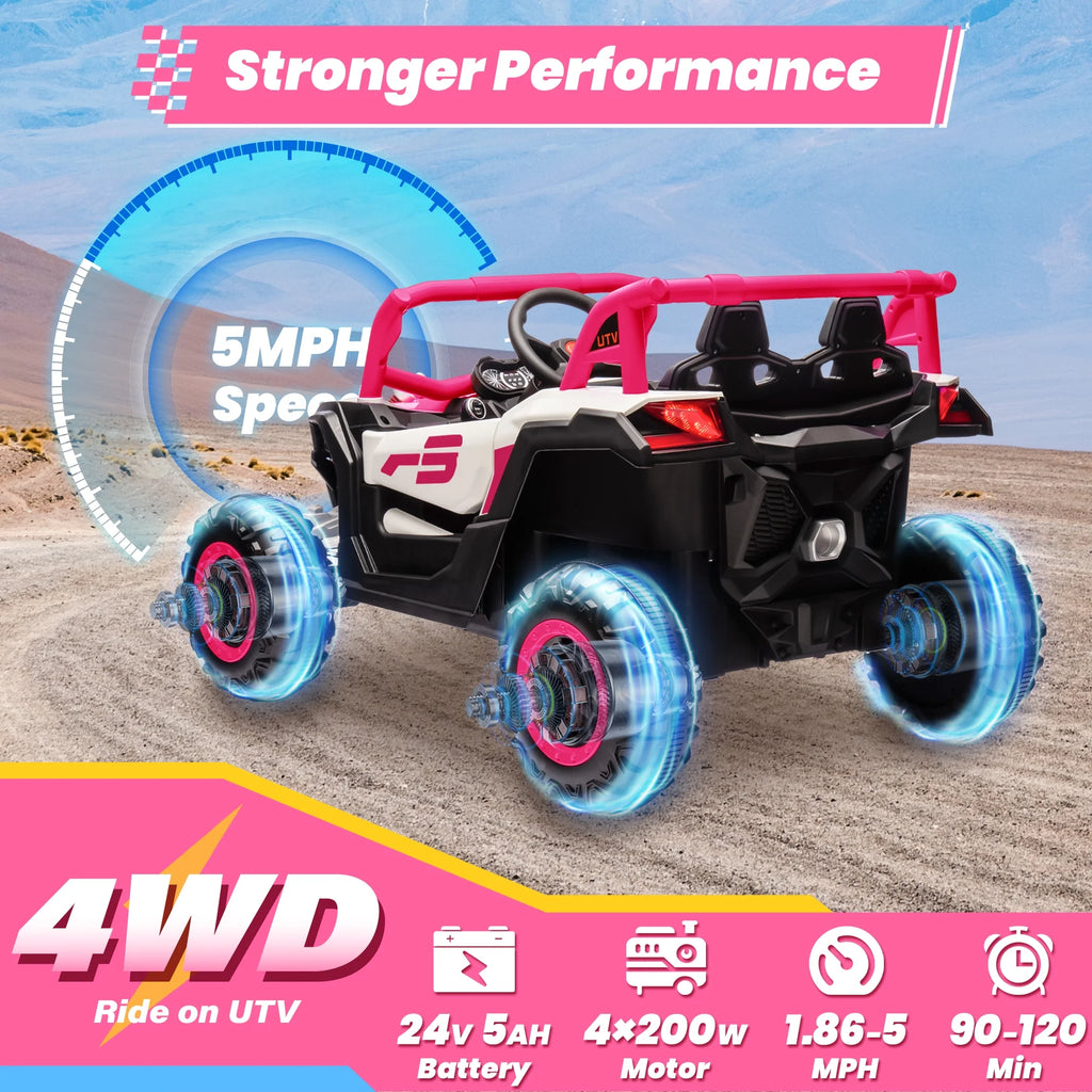 Joyracer 4WD 24 Volt Ride on Toys, 2 Seater Power Car wheels UTV with 800W Motors, Remote Control, Bluetooth Music, Spring Suspension, LED Light, Pink