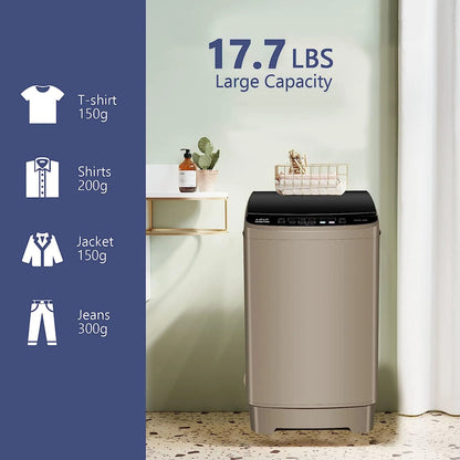 Full-Automatic Washing Machine, Portable Laundry Washer, Compact 17.7 lbs, LED Display, Drain Pump, 10 Wash Programs 8 Water Levels