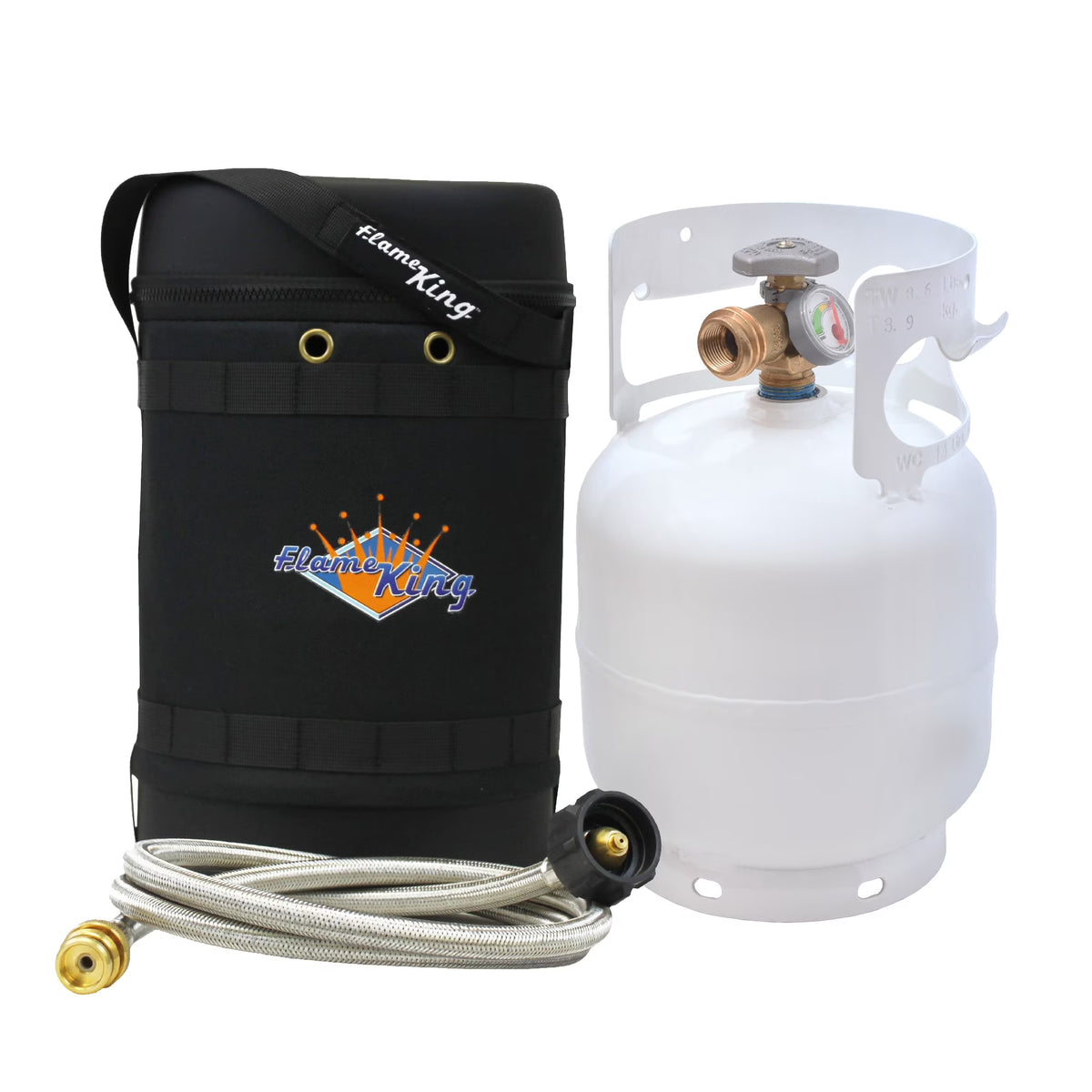 Flame King Gas Hauler Pro Kit - Insulated Protective Carry Case, 5lb Propane Tank with Built-in Gauge and 5-ft Adapter Hose for Camping and Outdoor Adventures