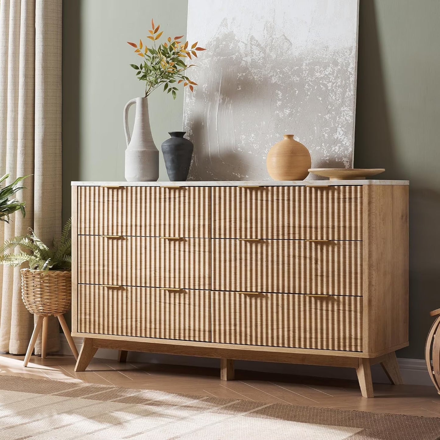 OKD 6 Drawer Dresser for Bedroom with Faux Marble Top, Modern Wood Chest of Drawers, Dresser Organizer, Natural Oak
