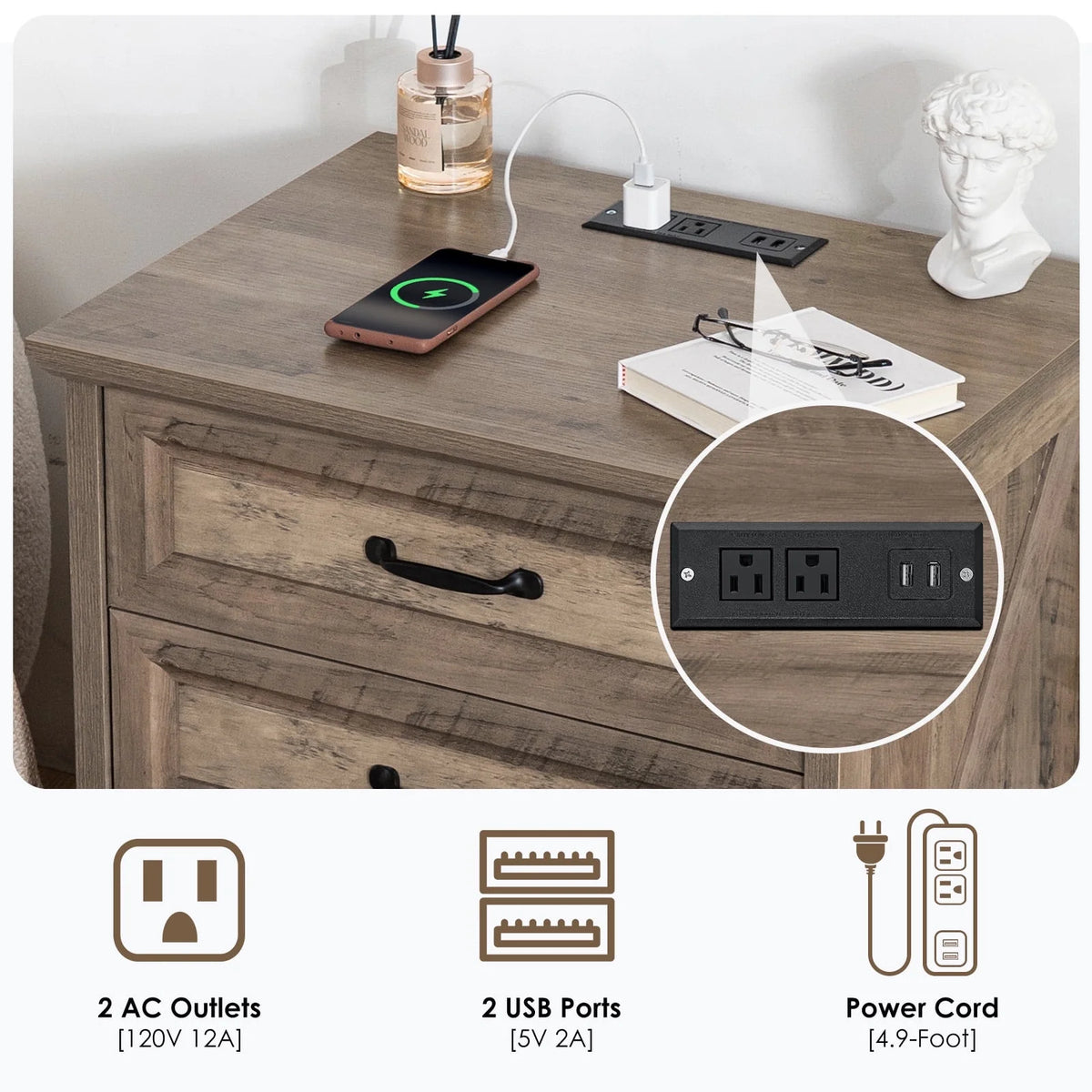 Hommpa Farmhouse 3 Drawers Nightstand with Charging Station, Rustic Wood Night Stand with Drawers for Bedroom, Vintage Bedside Table Small Dresser Chest of Drawers for Living Room, White