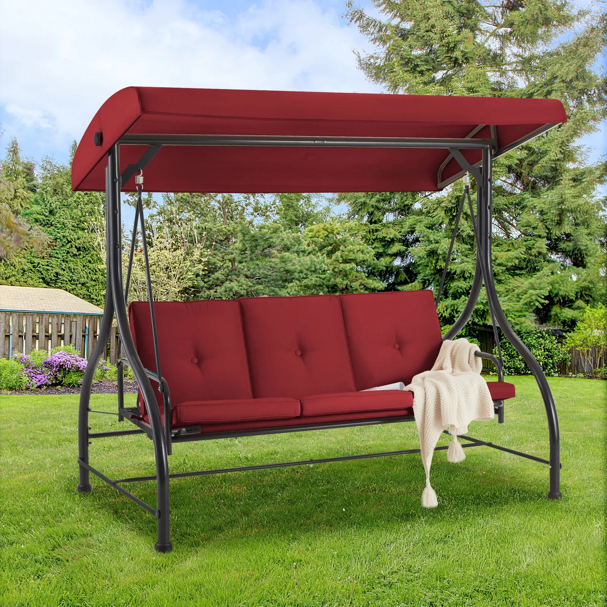 AECOJOY 3 Person Canopy Steel Porch Swing, Converting Swing Glider Hammock-Beige