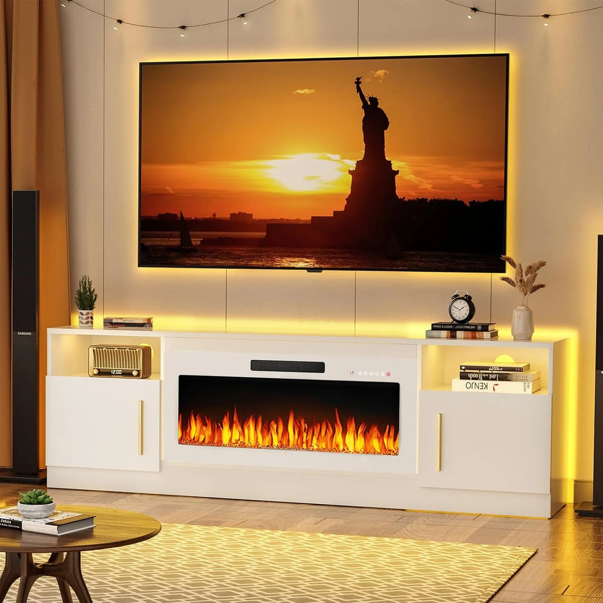 Waleaf Fireplace TV Stand with 18'' Fireplace for TVs up to 65 inch, Two Adjustable Glass Shelves