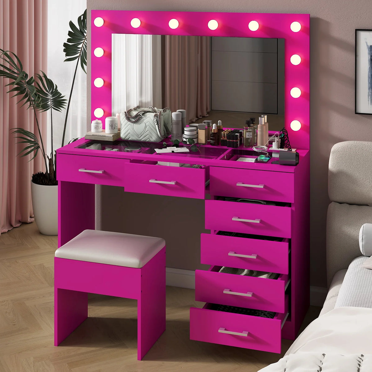 Ktaxon Large Makeup Vanity, Vanity Table Set w/ Visible Glass Top w/ Charging Station, White