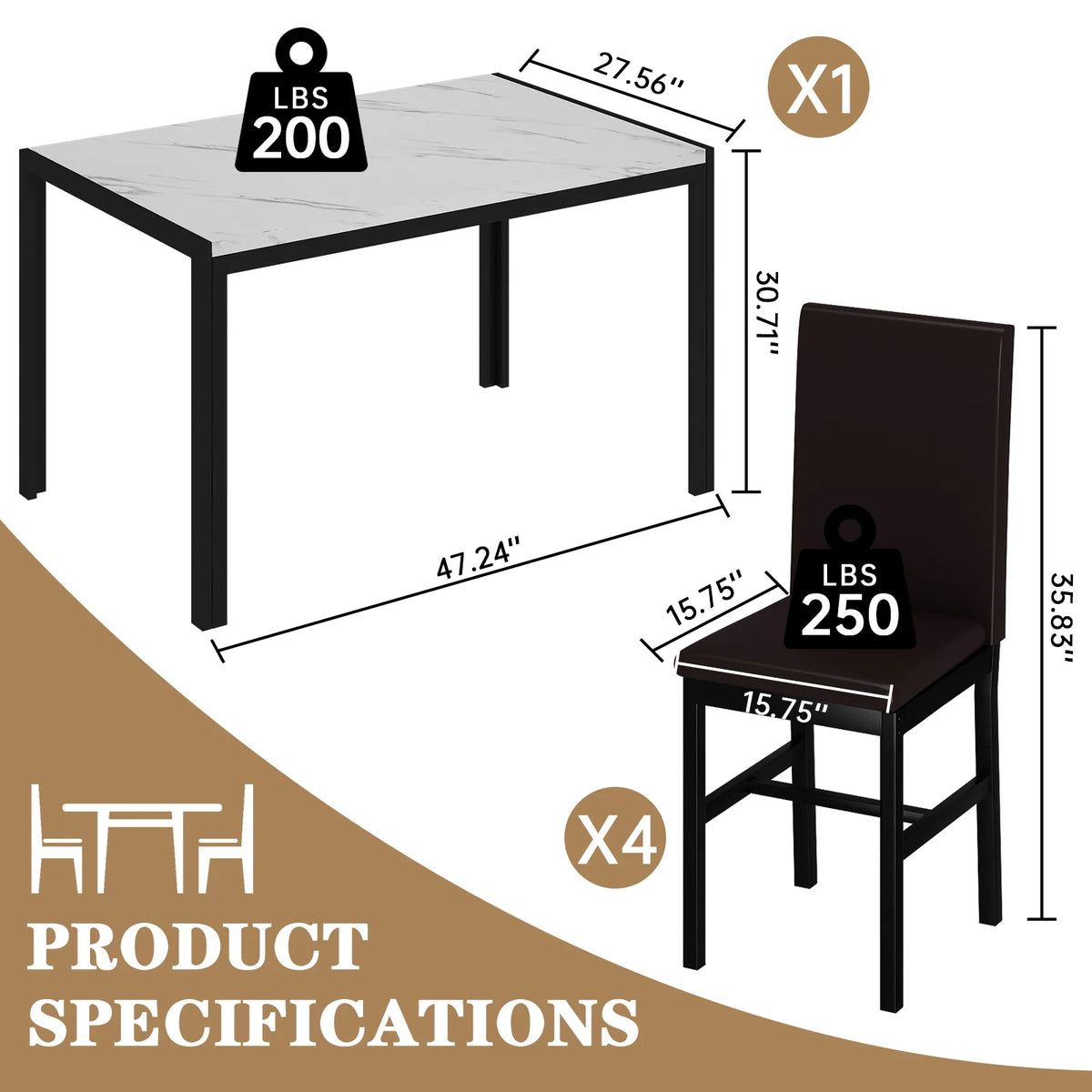 AWQM Dining Table Set of 4, Faux Marble 5 Piece Dining Room Table Set with PU Leather Chairs, Rectangular Kitchen Table Set for Apartment, Dining, White