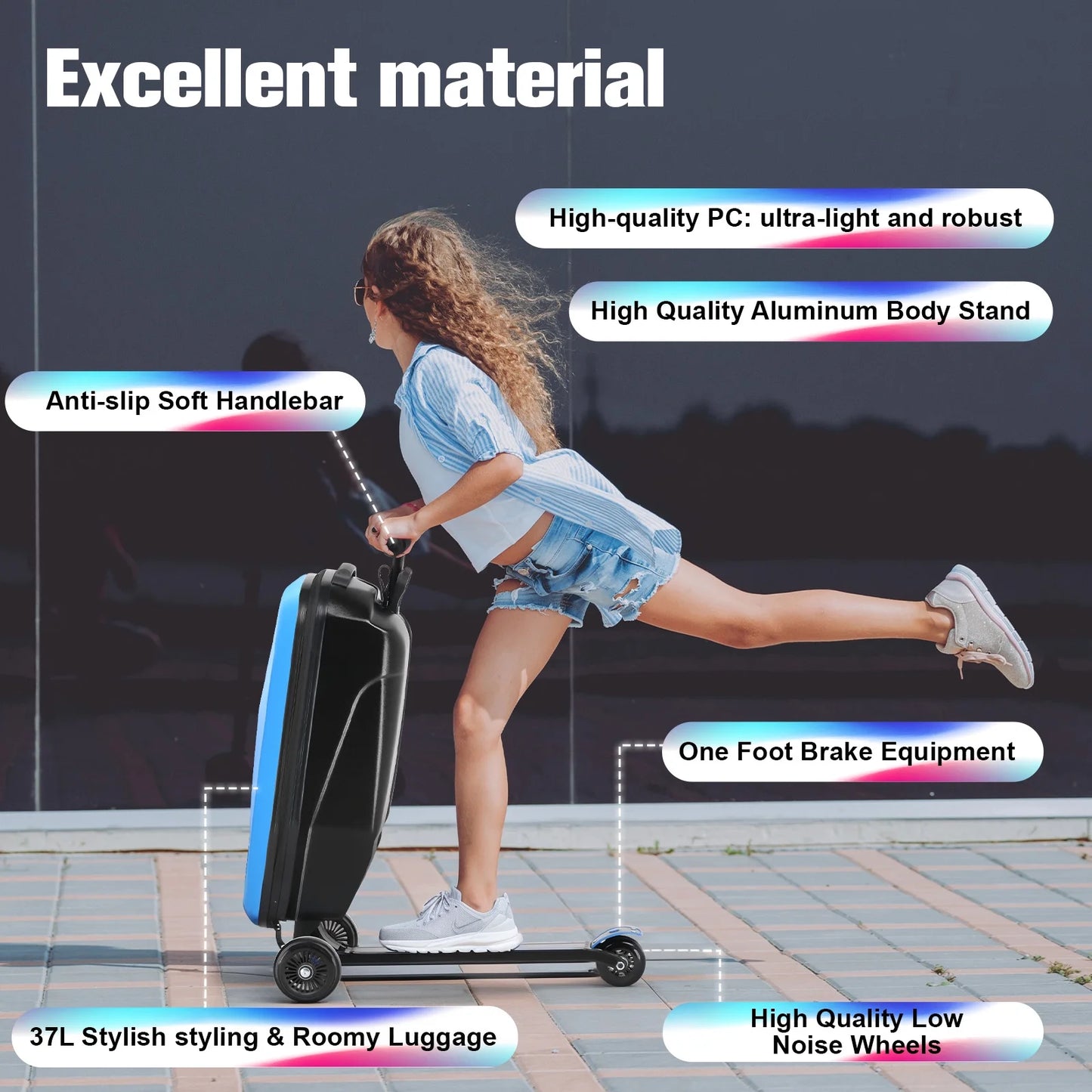 Advwin Scooter Luggage for Kids & Adults, Hardside Ride on Suitcase for Kids Ages 4-15 Multifunctional Lightweight Foldable Carry on Luggage with Wheels Ride on for Children Teenagers, Pink