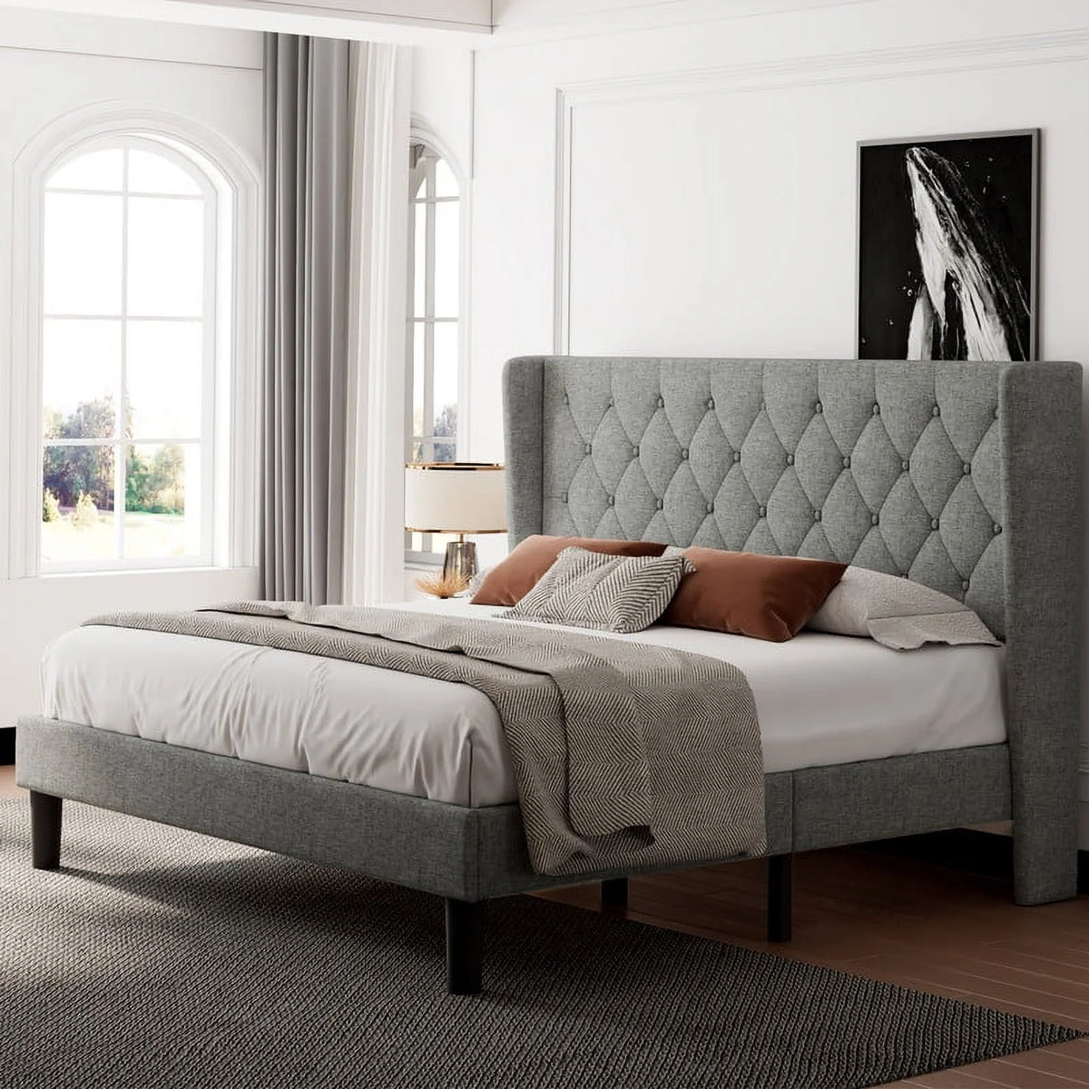 iPormis Full Size Bed Frame with Diamond Button Tufted Wingback Headboard, Upholstered Platform Bed Frame with Strong Wood Slat Support, No Box Spring Needed,Black